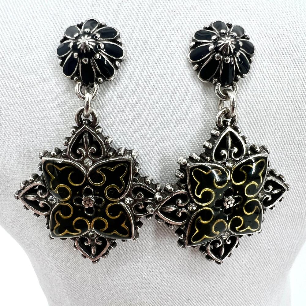 Brighton Clear Rhinestone Black Enamel Danale Medallion Pierced Earrings 2 inch
